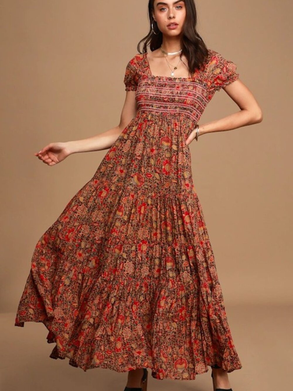 Free People Getaway Tiered Floral Maxi Boho Dress Red Combo Size L